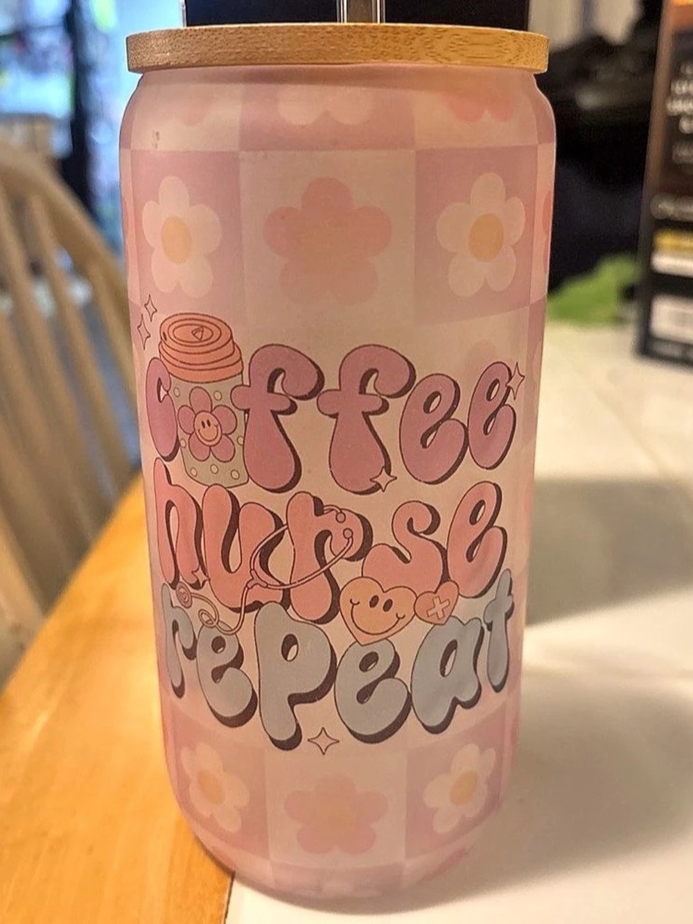 Pink Checkered Tumbler with Straw